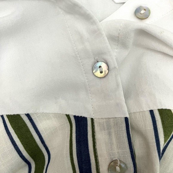 BESS Womens Top XL White Green Linen Blend 3/4 Sleeve Boxy Fit Button Down - Picture 8 of 11
